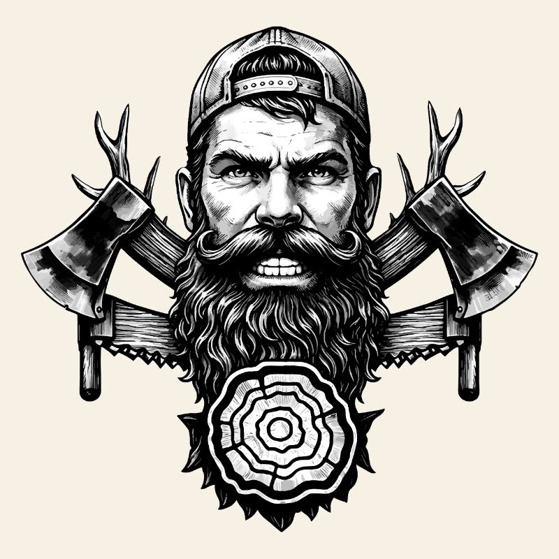 Lumberjack with beard, axes and tree trunk