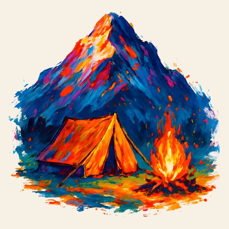 Colored mountain camping tent by the fire