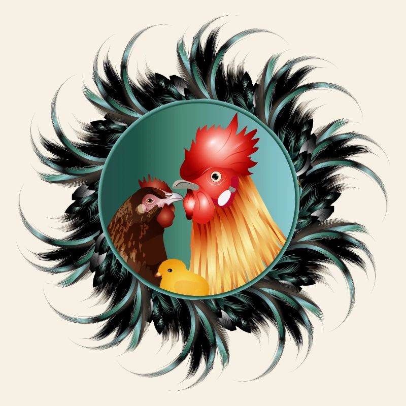 Rooster with hen and chicks in feather frame