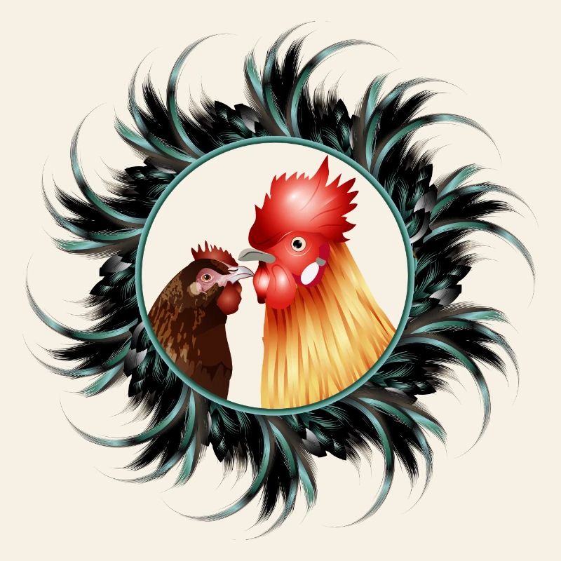 Rooster with hen in feather frame