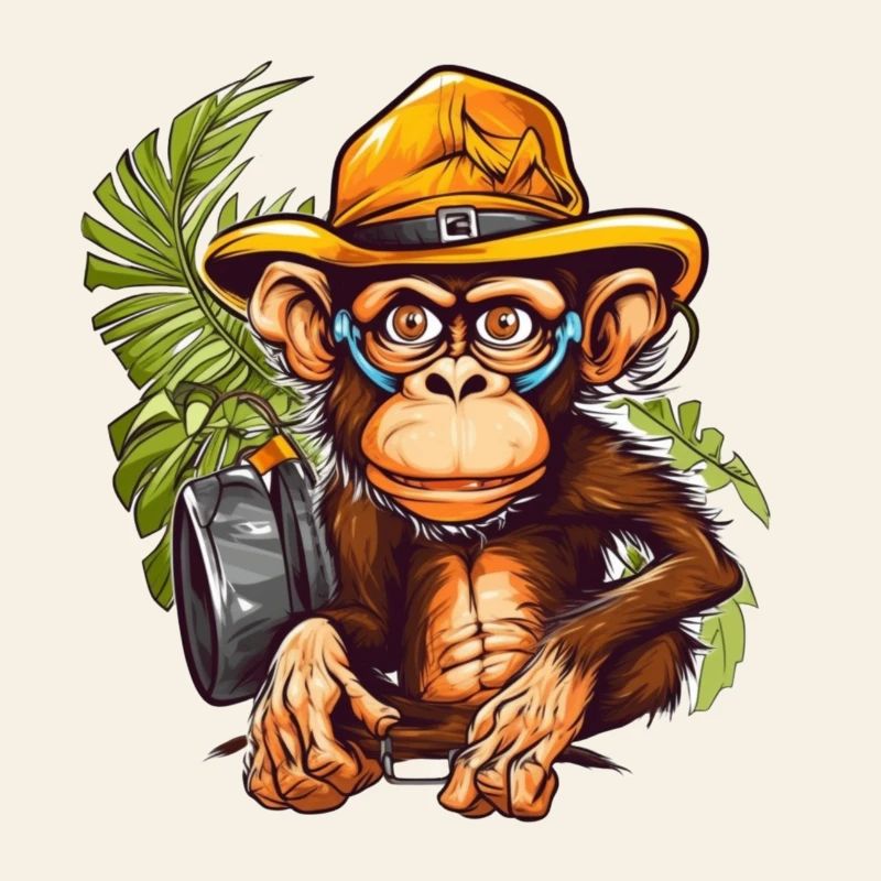 Adventure monkey with safari hat and backpack