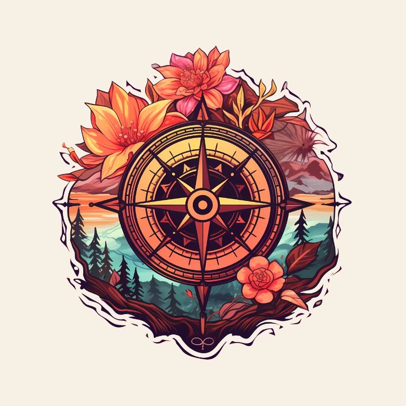 Wunderschöner Boho Kompass mit Blumen und Bäumen