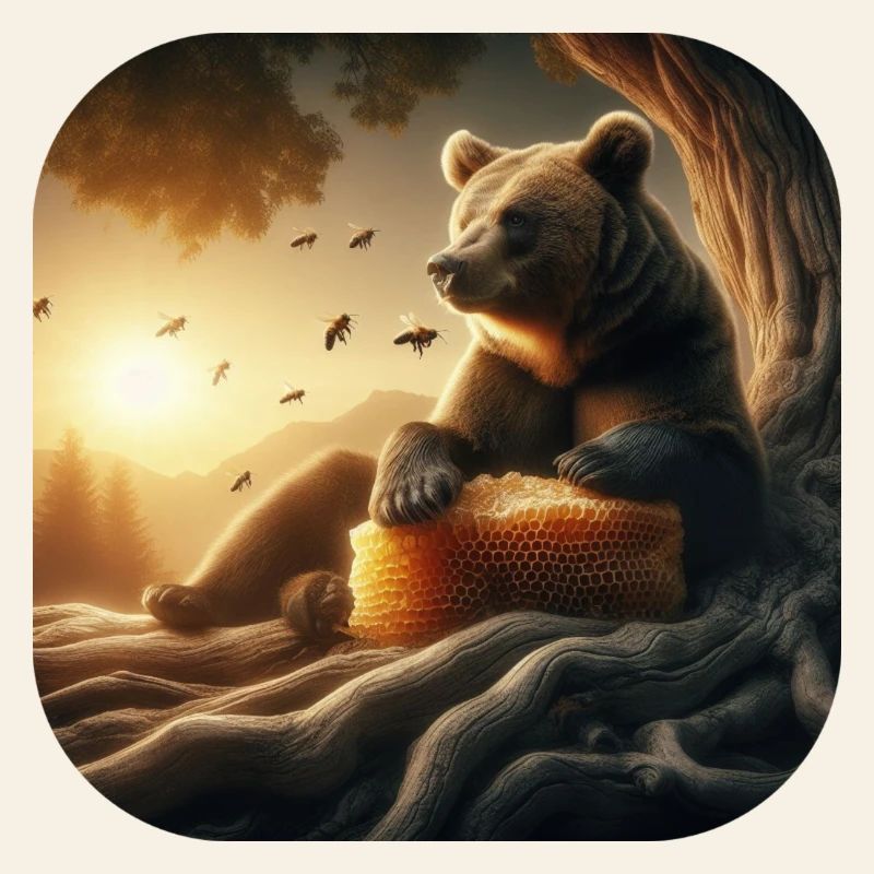 Ours brun assis devant un arbre au coucher du soleil