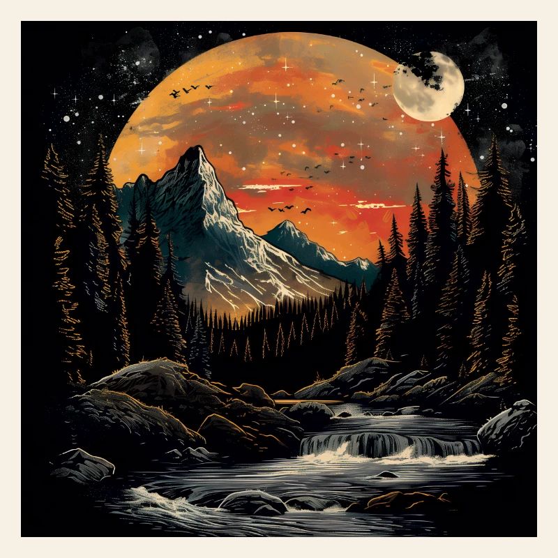 Setting Mountains and Forest at Night