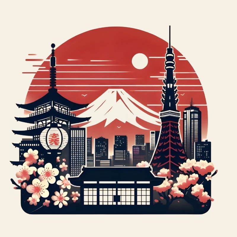 Tokyo Sakura Skyline Illustration