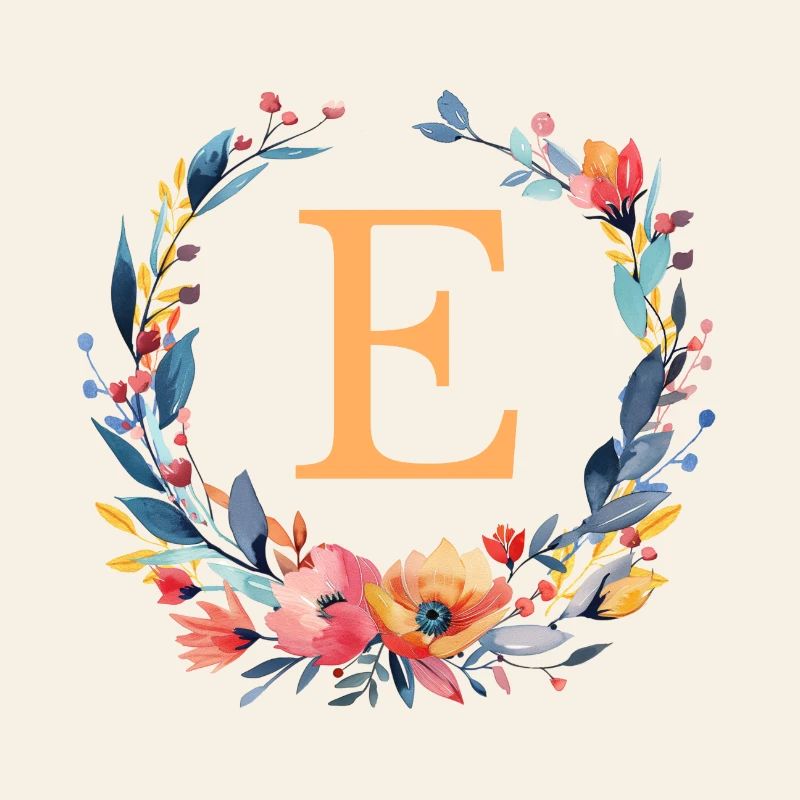 E Monogram, Flower Wreath, Personalizable