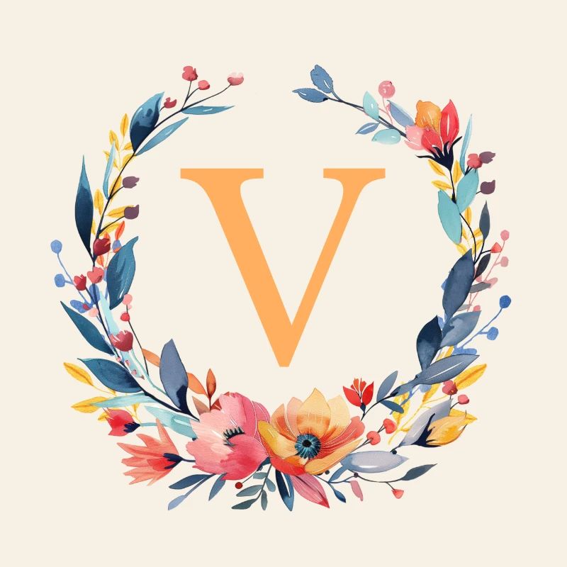 V Monogram, Flower Wreath, Personalizable