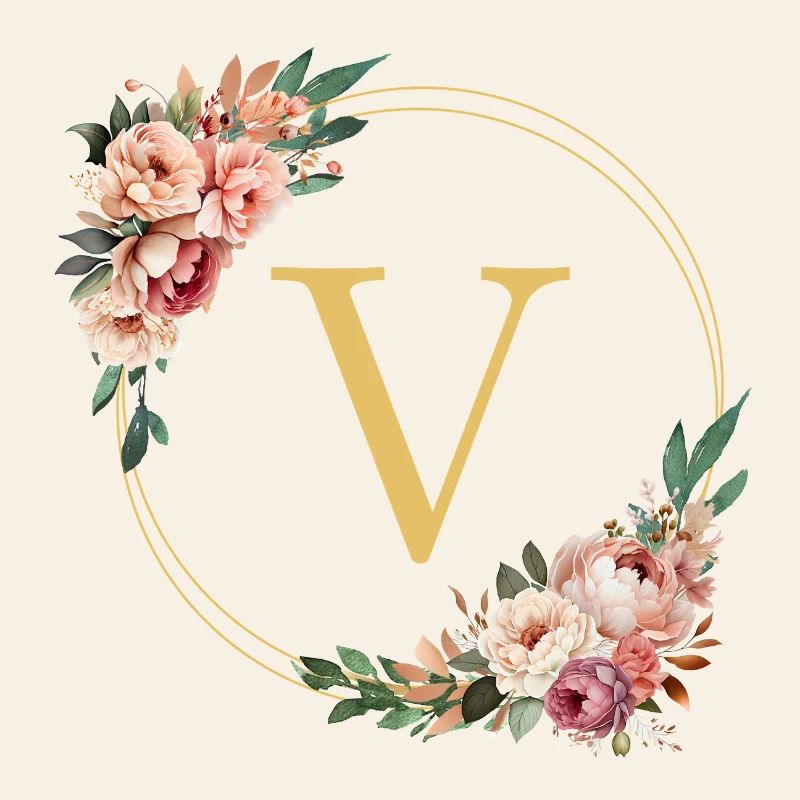 V Monogram, Flower Wreath, Personalizable
