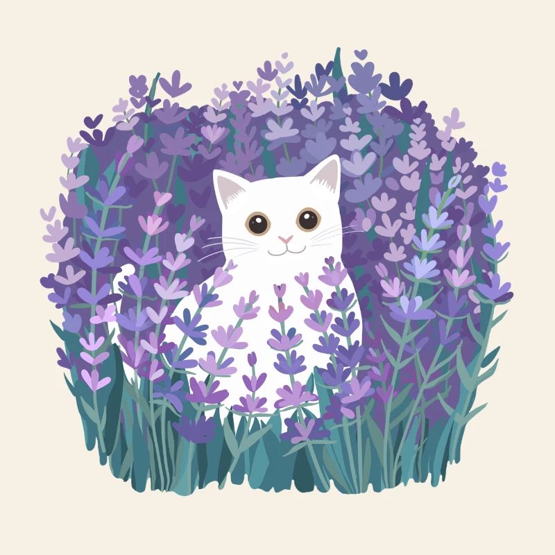 Mignon chat blanc parmi les fleurs de lavande, Cottagecore