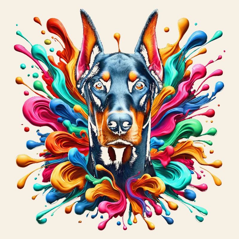 Süßer Dobermann mit bunten Farbklecksen