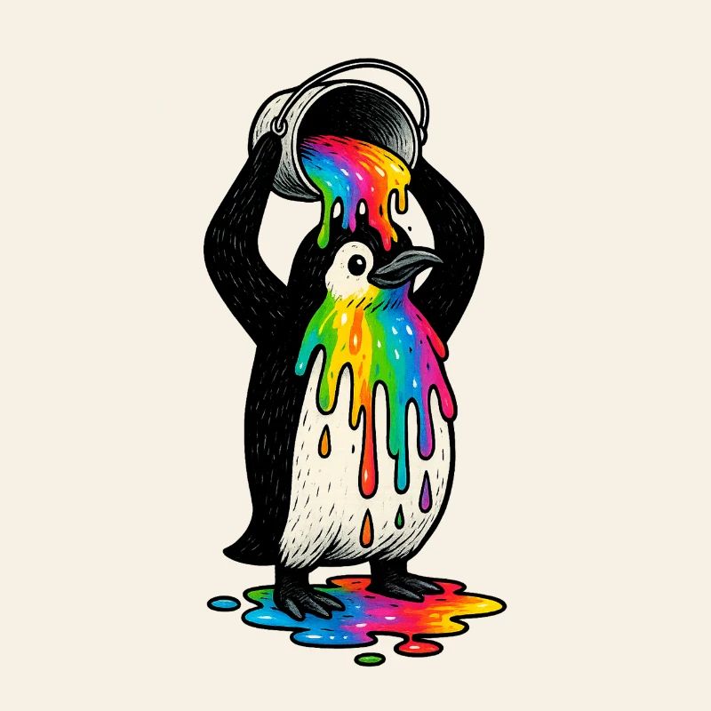 Bunter Pinguin mit Farbeimer