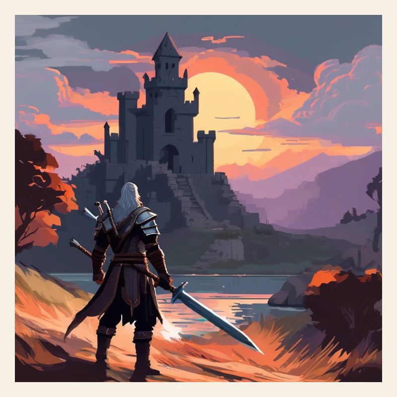 Le sorceleur devant le Bastion au coucher du soleil