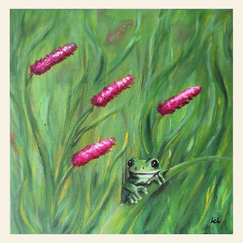 Green Frog Among Pink Pollens Artwork