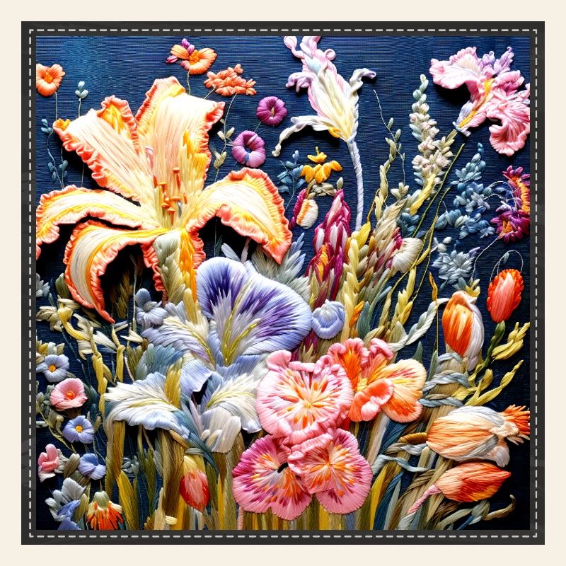 Floral pattern in embroidery technique on dark blue