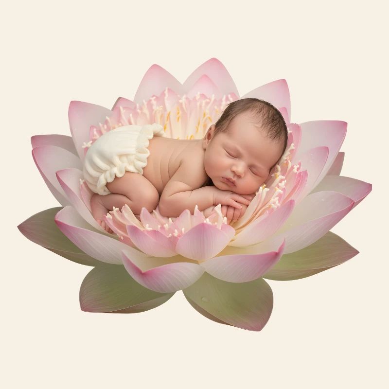 Bébé bébé avec une couche dormant sur une fleur de lotus ouverte