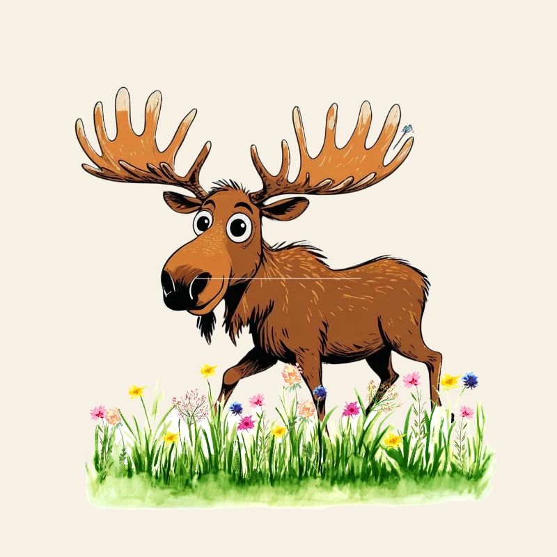 Whimsical Moose in Spring Meadow