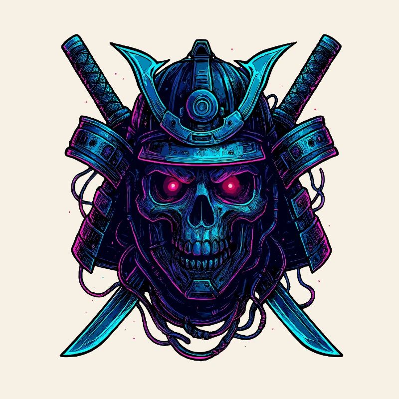 Cyber Samurai Skull Neon Design
