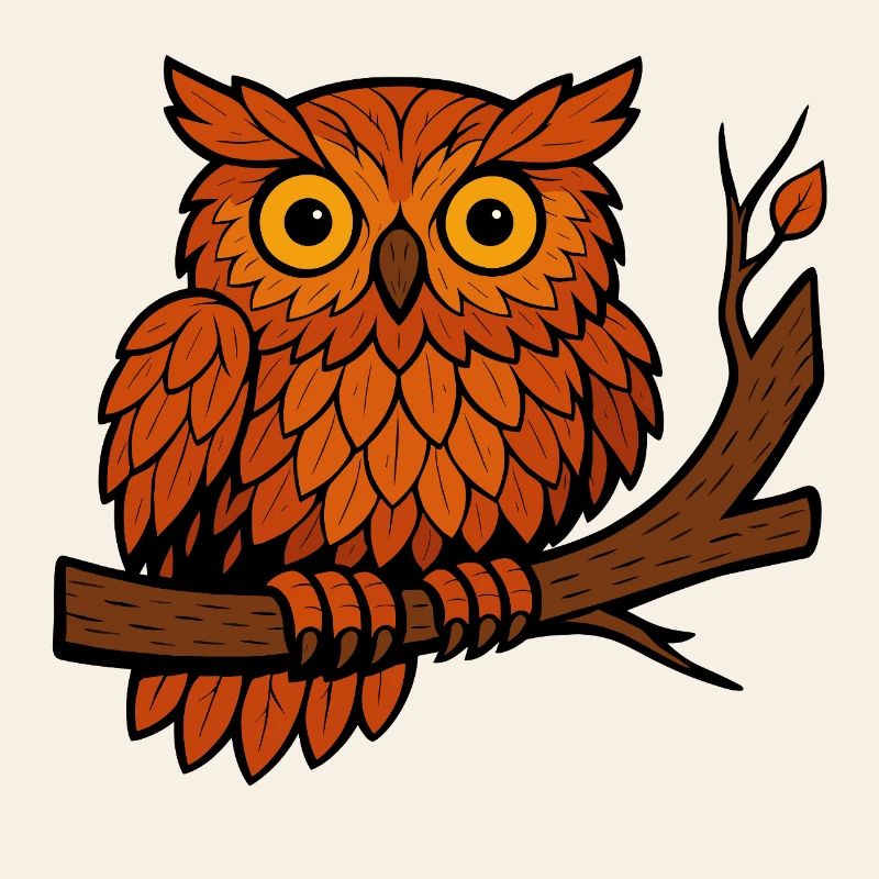 Comic Eule Herbst Wald Laub Blätter Ast Baum Feder