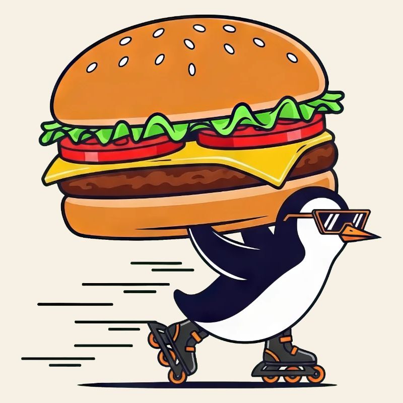 Ein süßer Pinguin, der einen Cheeseburger genießt.