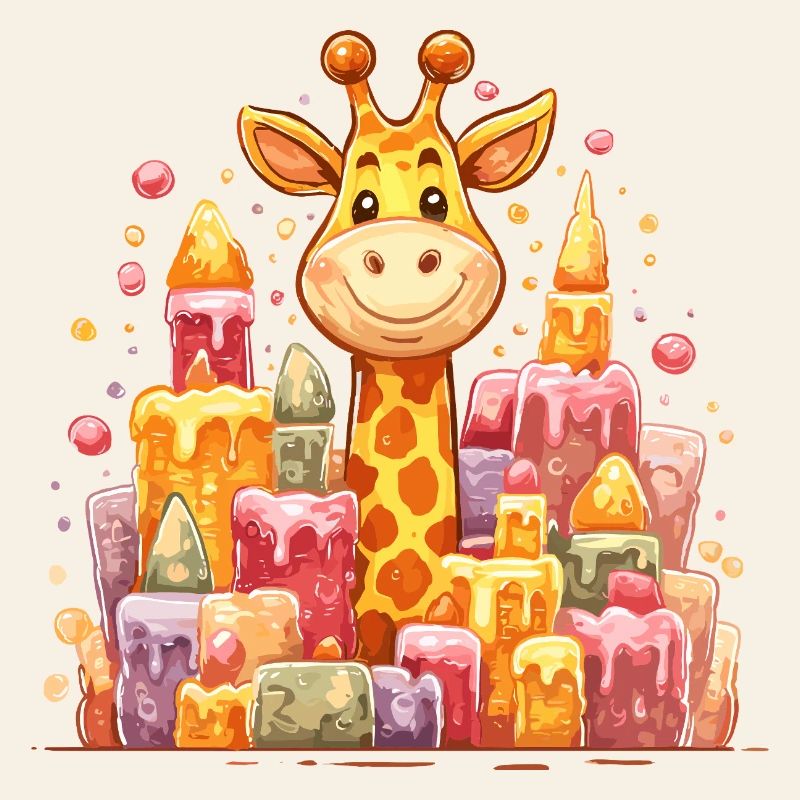 Girafe colorée devant des châteaux de bougies