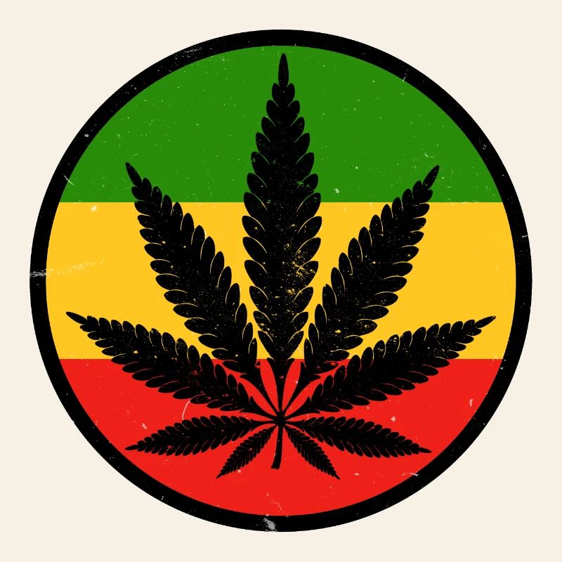 A cannabis leaf within a red yellow green circle