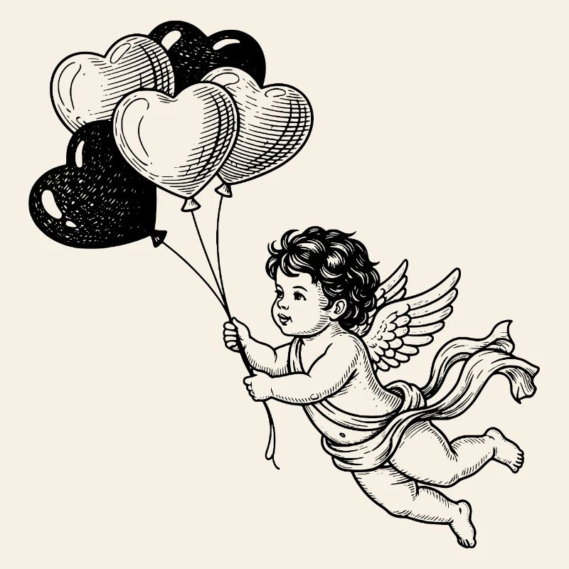Petit ange mignon avec des ballons en forme de cœur