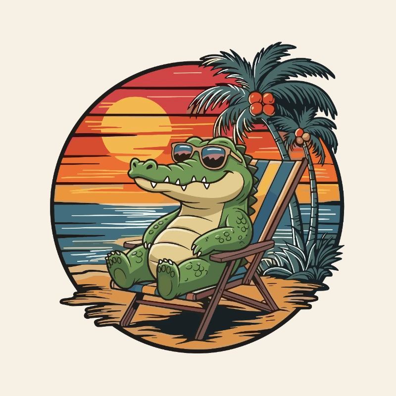 Funny Crocodile on Beach Summer Vacation Sunset