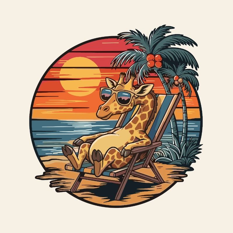 Funny Giraffe on Beach Summer Vacation Sunset