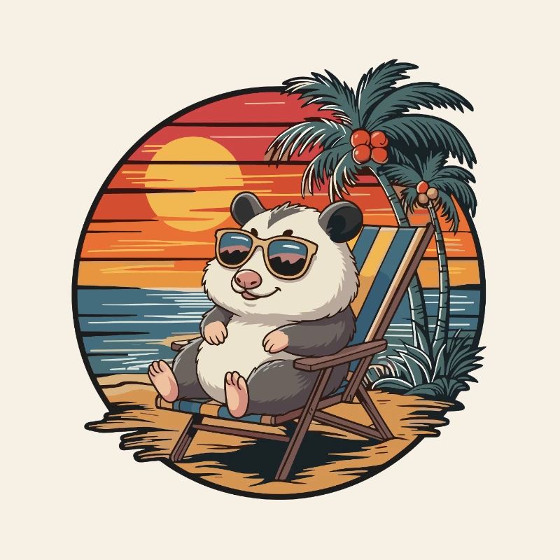 Funny Opossum on Beach Summer Vacation Sunset