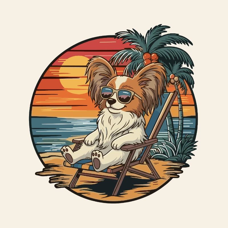 Funny Papillon Dog on Beach Summer Vacation Sunset