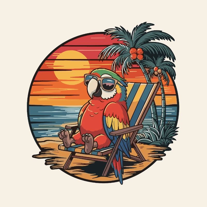 Funny Parrot on Beach Summer Vacation Sunset