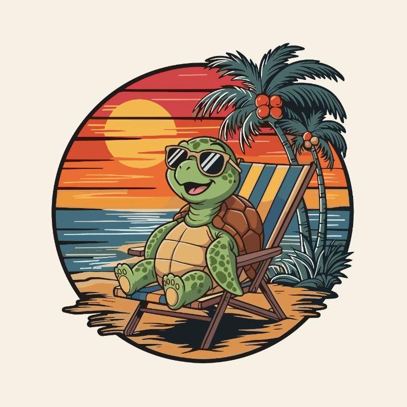 Funny Turtle on Beach Summer Vacation Sunset