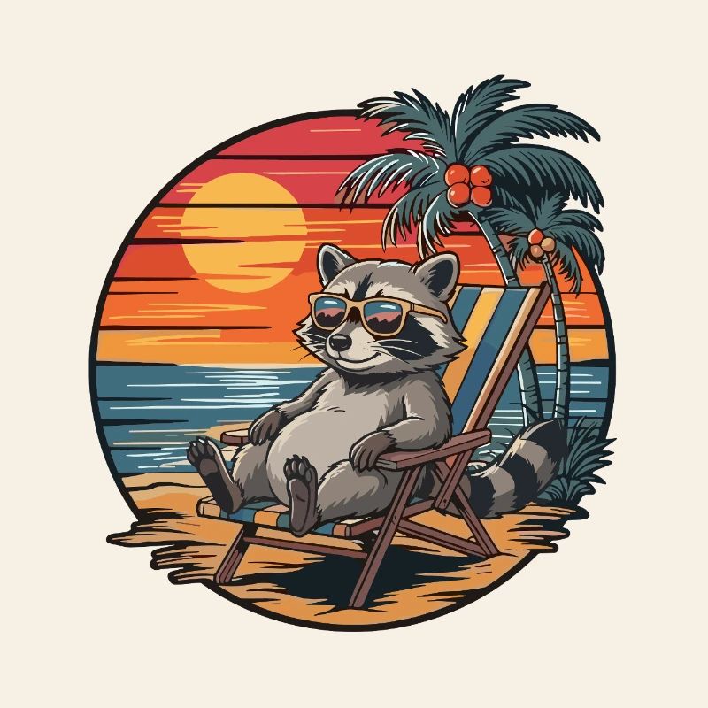 Funny Raccoon on Beach Summer Vacation Sunset