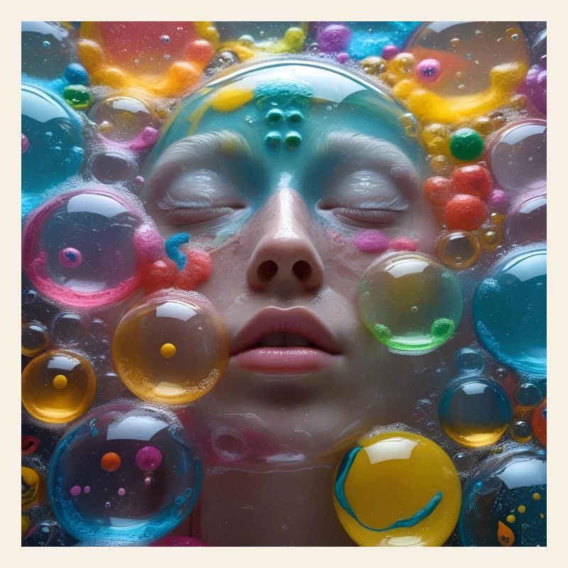 Face among Neon Bubbles