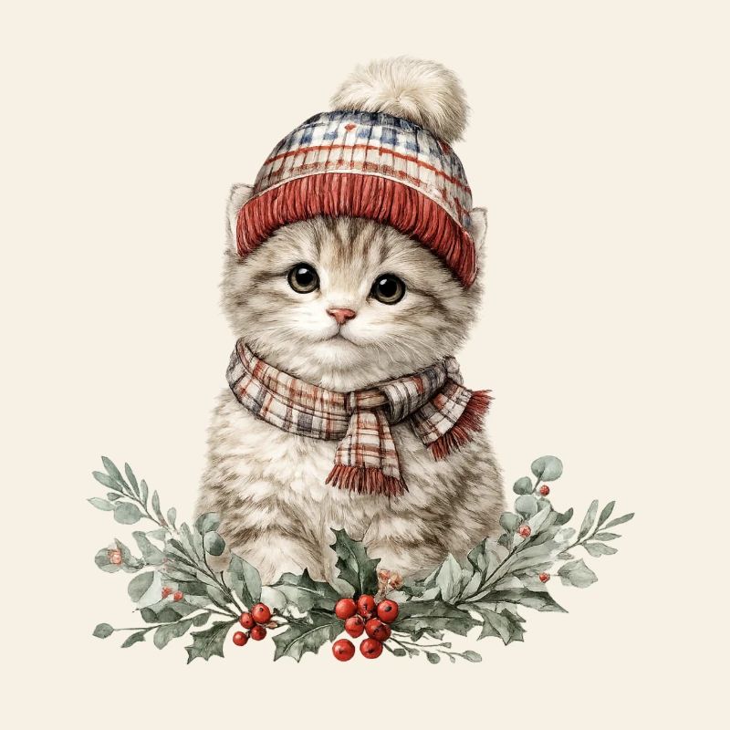 Winter kitten with hat and scarf