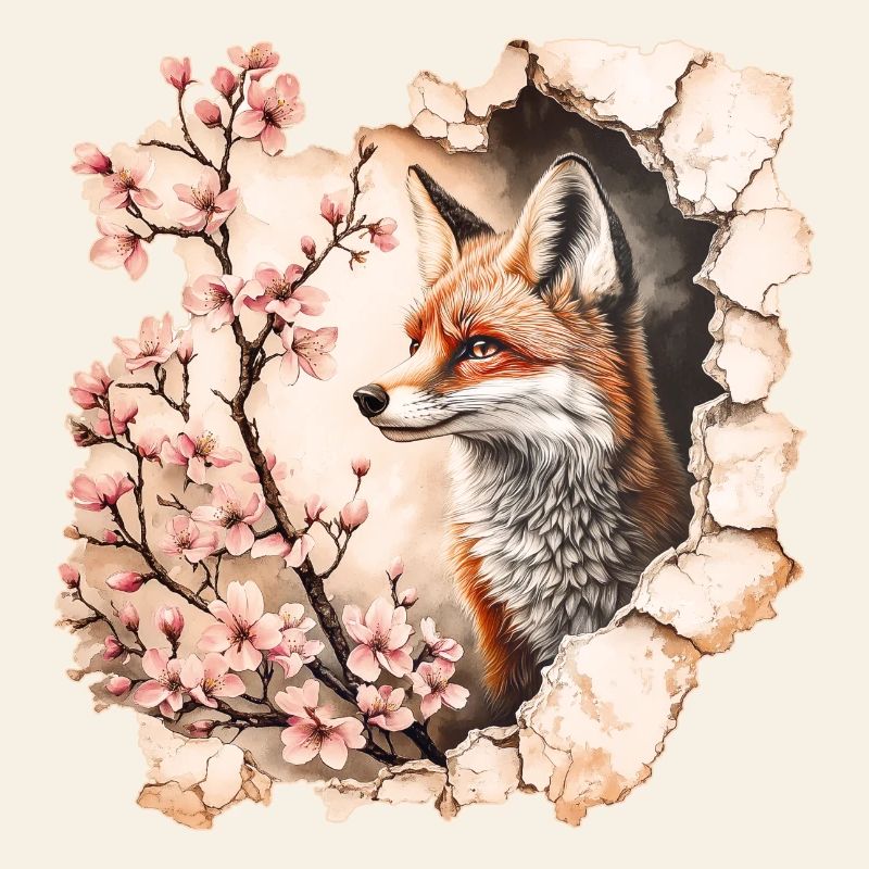 Fuchs mit Kirschblüten