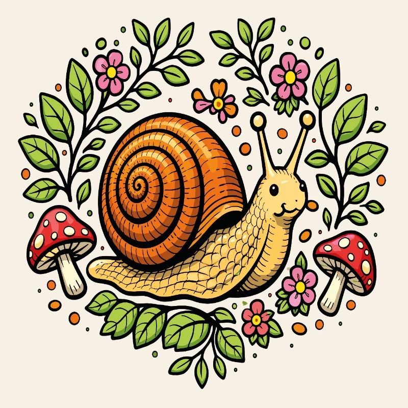 Escargot mignon fleurs et champignons