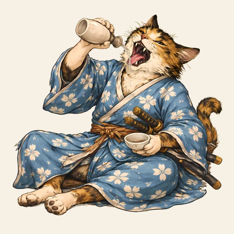 Samurai Cat Sake Japanese Ukiyo-e Style