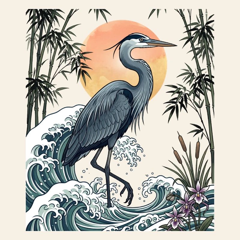Große Blaureiher Great Wave Küstentierkunst
