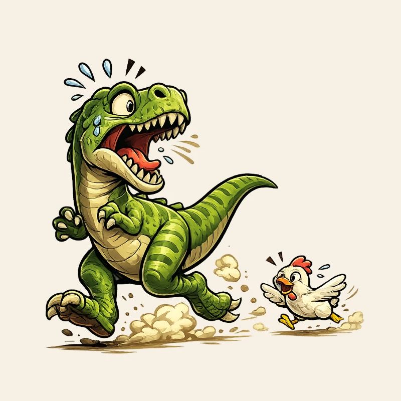 Comic Raptor Dinosaur on the run from a chicken