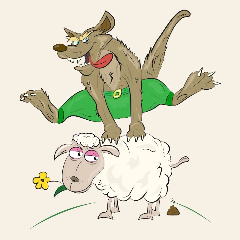 Wolf springt über das Schaf - Wolf mit Schaf