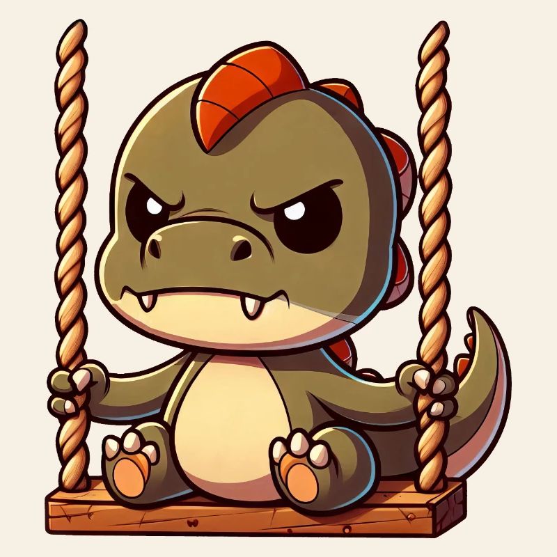 Grumpy T-Rex on swing annoyed offended