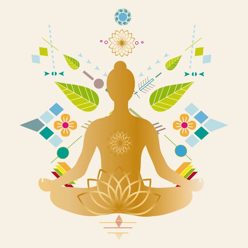 Silhouette de yoga dorée avec des éléments colorés
