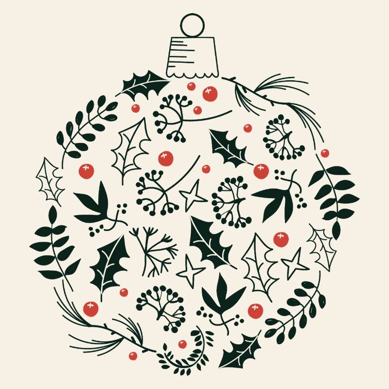 Weihnachtskugel mit Stechpalme und Vogelbeerblättern