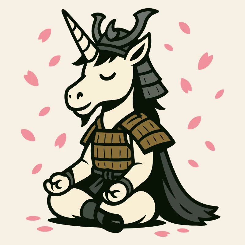 Meditierendes Samurai-Einhorn mit Kirschblüten