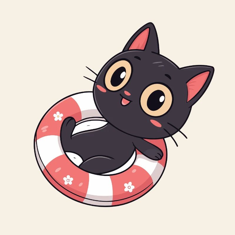 Chat noir sur bouée fleurs