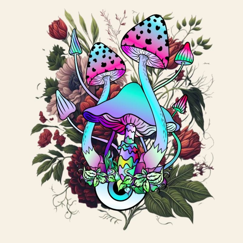 Champignon psychédélique avec œil et fleurs