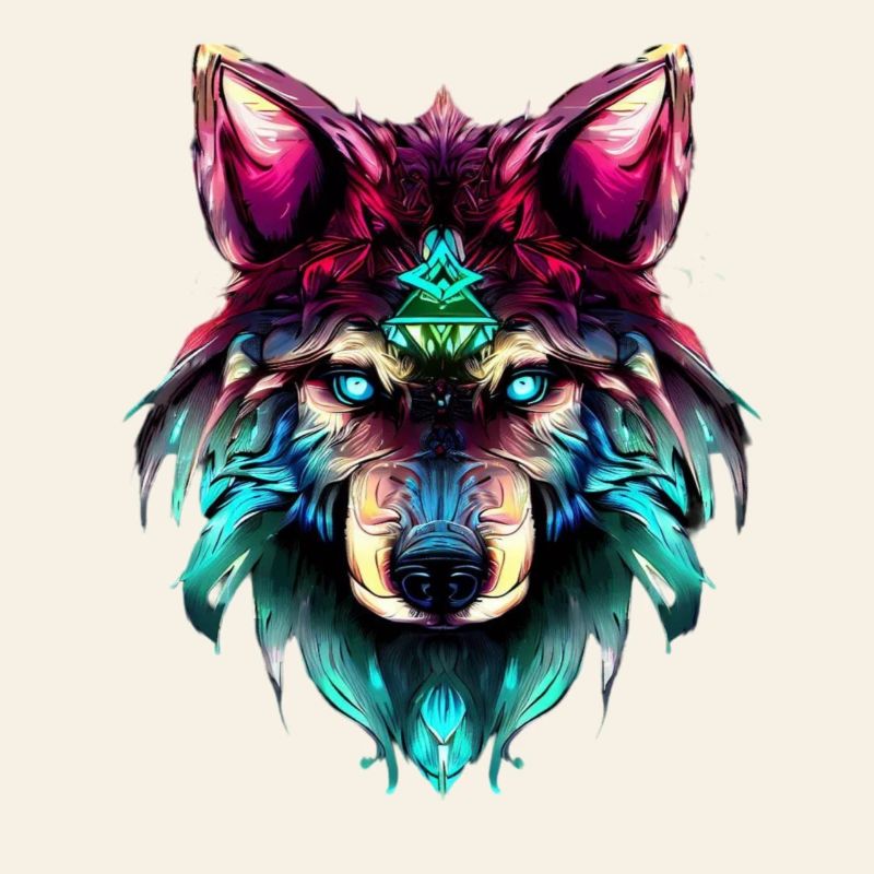 Mystischer Wolf Synthwave Wolfskopf