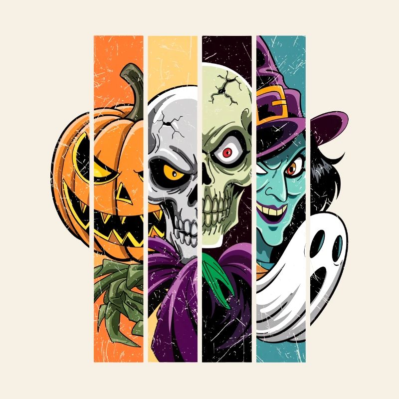 Halloween Monsters: Witch, Ghost, Skeleton, Skull.