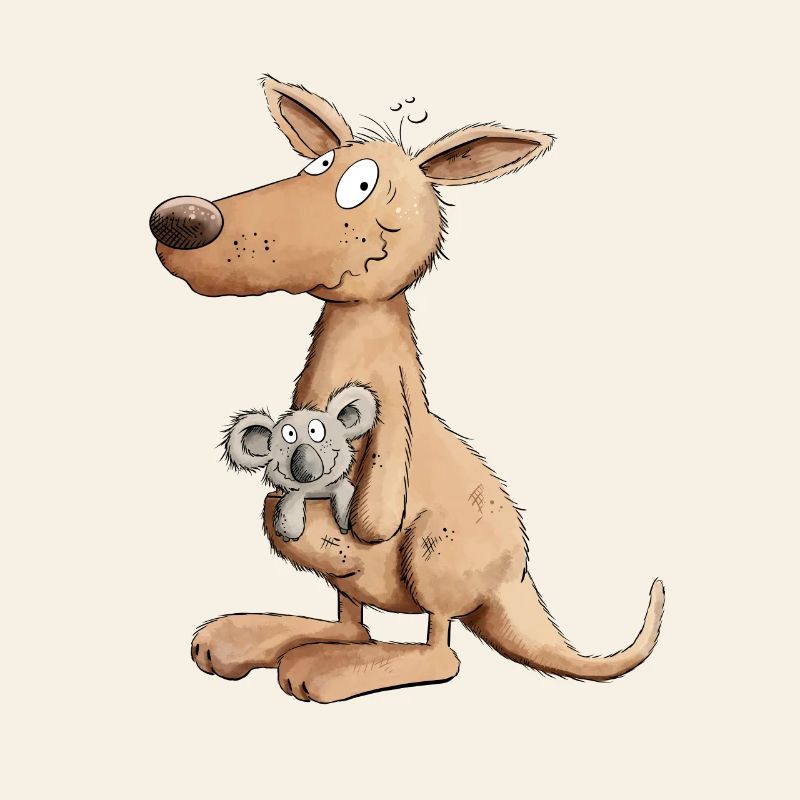 Funny kangaroo with koala bear in a pouch